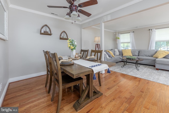 621 Foxton Ct, West Deptford, NJ 08051 - dining area featuring light wood-style flooring, a ceiling fan, crown molding, and baseboards
