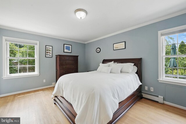 6622 Skyline Ct, Alexandria, VA 22307 - bedroom featuring a baseboard radiator, light wood-style floors, multiple windows, crown molding, and baseboards