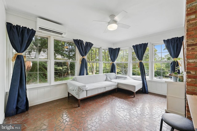 6622 Skyline Ct, Alexandria, VA 22307 - sitting room with a wall mounted AC, a ceiling fan, and ornamental molding