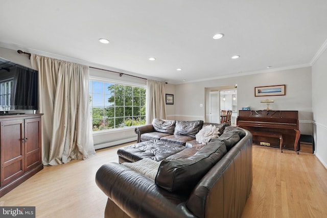 6622 Skyline Ct, Alexandria, VA 22307 - living room with a baseboard radiator, crown molding, light wood-type flooring, and recessed lighting