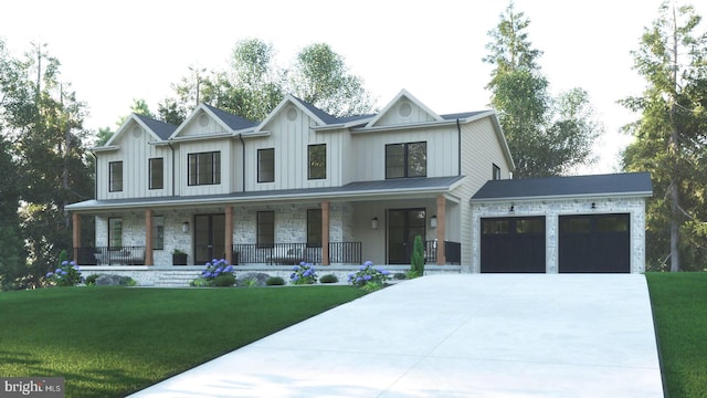3507 Saylor Pl, Alexandria, VA 22304 - modern inspired farmhouse featuring a porch, an attached garage, concrete driveway, stone siding, and a front yard