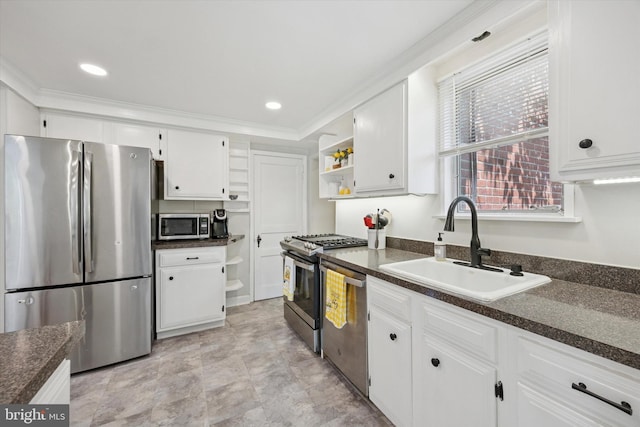 2120 Grand Ave, Morton, PA 19070 - kitchen with appliances with stainless steel finishes, open shelves, a sink, dark countertops, and ornamental molding