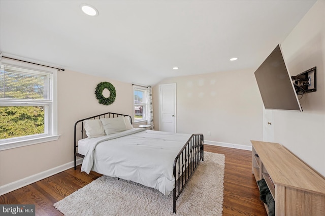 2120 Grand Ave, Morton, PA 19070 - bedroom featuring dark wood finished floors, baseboards, recessed lighting, and lofted ceiling
