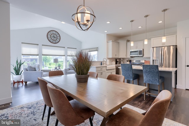 4052 Country Dr, Dover, PA 17315 - dining room with dark wood-type flooring, a chandelier, recessed lighting, and high vaulted ceiling