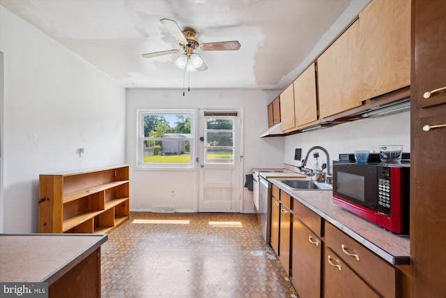 10520 Truxton Rd, Hyattsville, MD 20783 - kitchen featuring black microwave, a ceiling fan, a sink, and light countertops