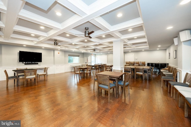 309 Florence Ave Unit 420-N, Jenkintown, PA 19046 - dining room with a ceiling fan, wood-type flooring, a decorative wall, beam ceiling, and coffered ceiling