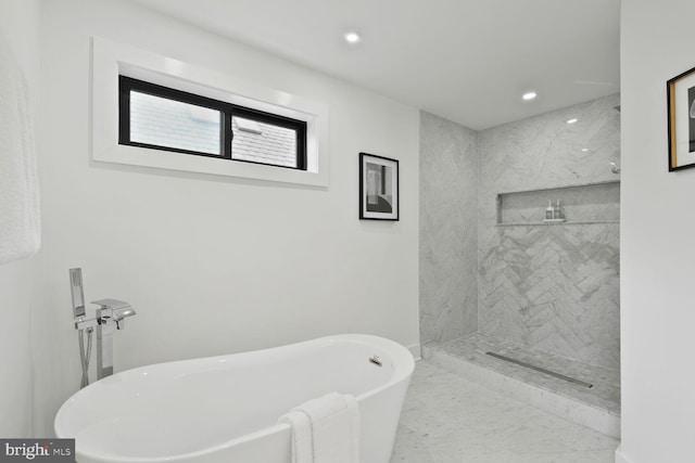 4324 Yuma St NW, Washington, DC 20016 - full bath with a soaking tub, recessed lighting, a marble finish shower, and marble look tile flooring