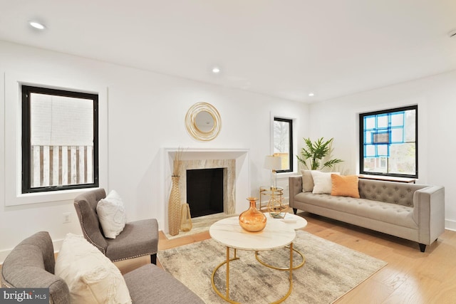 4324 Yuma St NW, Washington, DC 20016 - living room featuring light wood-type flooring, recessed lighting, baseboards, and a premium fireplace