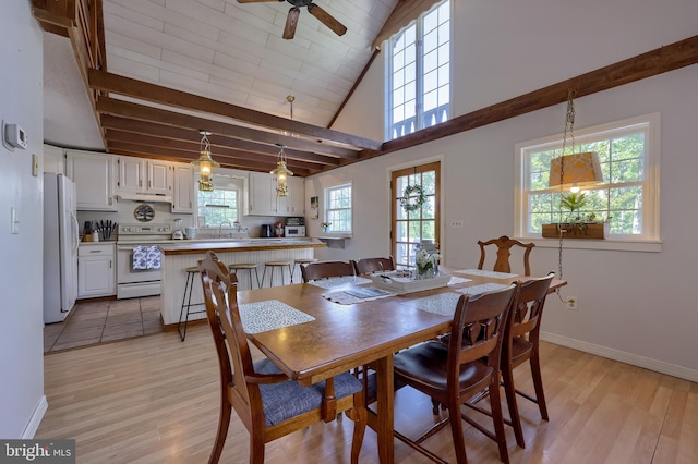 402 Swamp Rd, Morgantown, PA 19543 - dining area featuring a ceiling fan, light wood-style floors, baseboards, beam ceiling, and high vaulted ceiling