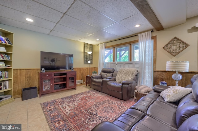 402 Swamp Rd, Morgantown, PA 19543 - tiled living area with wainscoting, wooden walls, recessed lighting, and a drop ceiling