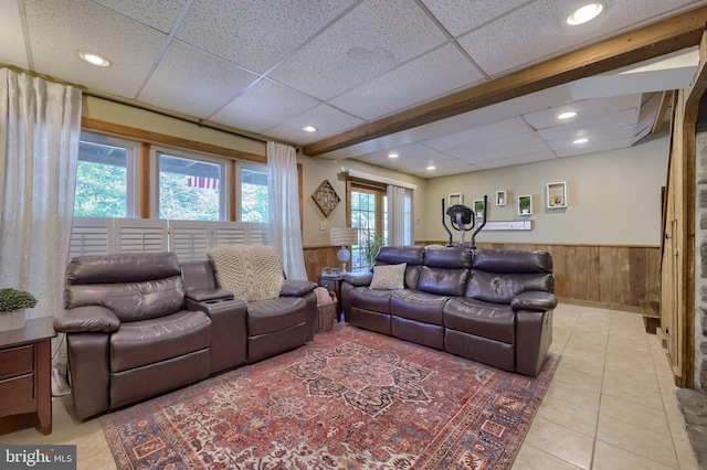 402 Swamp Rd, Morgantown, PA 19543 - living room featuring a wainscoted wall, a drop ceiling, wood walls, recessed lighting, and tile patterned flooring