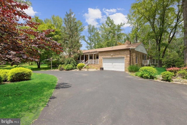 161 Bull Run Rd, Pennington, NJ 08534 - view of front facade with a porch, stone siding, driveway, a garage, and a chimney