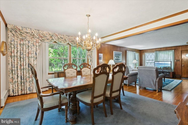 161 Bull Run Rd, Pennington, NJ 08534 - dining room featuring a chandelier, wood finished floors, a baseboard heating unit, and wood walls