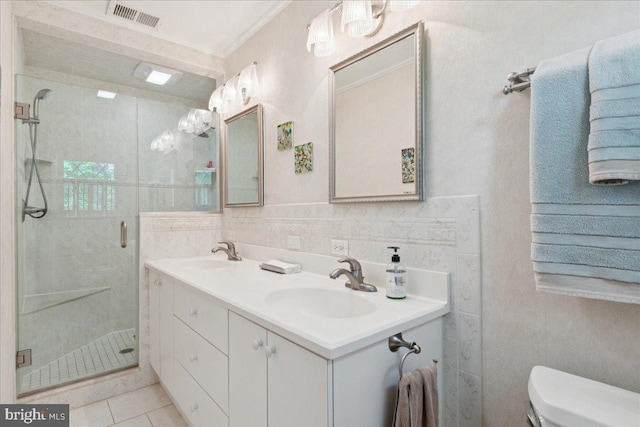161 Bull Run Rd, Pennington, NJ 08534 - full bathroom featuring ornamental molding, double vanity, a shower stall, toilet, and tile patterned floors