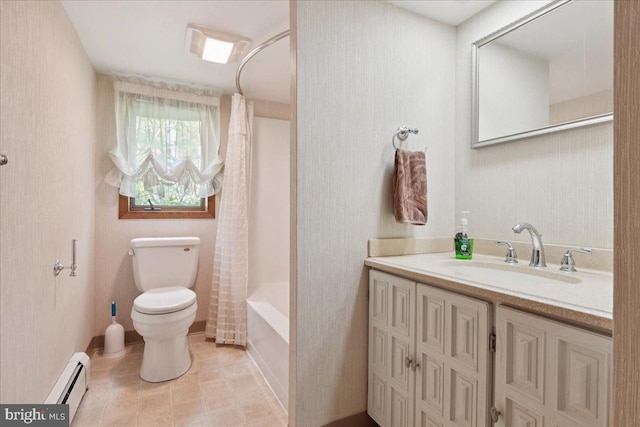 161 Bull Run Rd, Pennington, NJ 08534 - full bathroom with a baseboard radiator, toilet, vanity, shower / tub combo with curtain, and tile patterned flooring