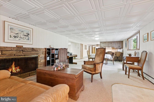 161 Bull Run Rd, Pennington, NJ 08534 - living area featuring an ornate ceiling, a stone fireplace, and light colored carpet