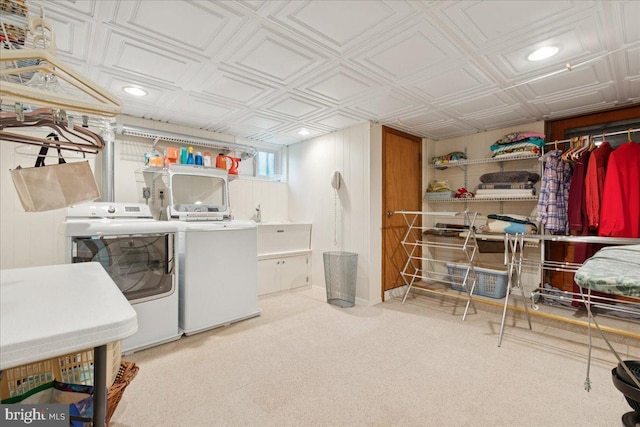 161 Bull Run Rd, Pennington, NJ 08534 - laundry room with washer and dryer, carpet flooring, an ornate ceiling, and recessed lighting