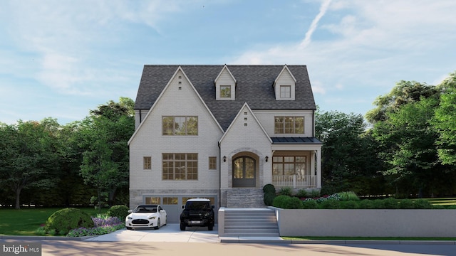4740 34th Rd N, Arlington, VA 22207 - view of front facade with a garage, driveway, a shingled roof, stairway, and a standing seam roof
