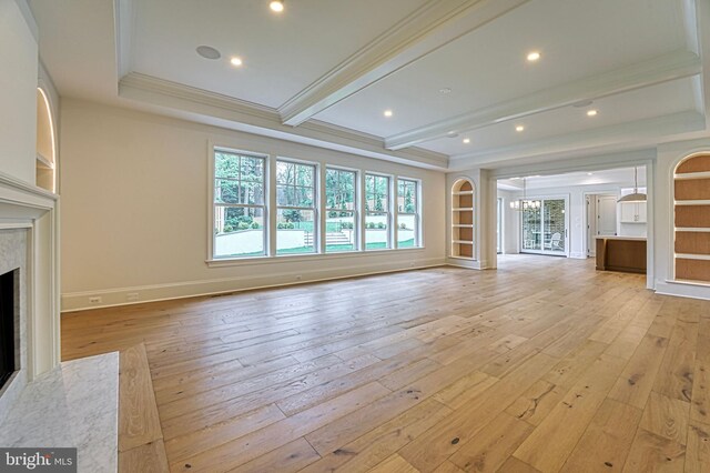 4740 34th Rd N, Arlington, VA 22207 - unfurnished living room with light wood-style floors, ornamental molding, a fireplace, beamed ceiling, and a chandelier
