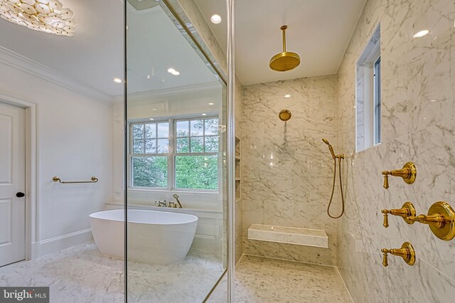 4740 34th Rd N, Arlington, VA 22207 - full bathroom featuring marble tiled floors, ornamental molding, a marble finish shower, a soaking tub, and recessed lighting