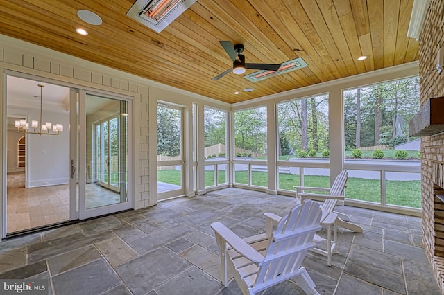 4740 34th Rd N, Arlington, VA 22207 - unfurnished sunroom with wood ceiling, stone tile flooring, ornamental molding, recessed lighting, and a chandelier