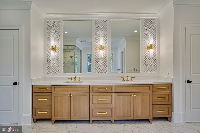 4740 34th Rd N, Arlington, VA 22207 - full bathroom with ornamental molding, marble finish floors, a shower stall, and double vanity