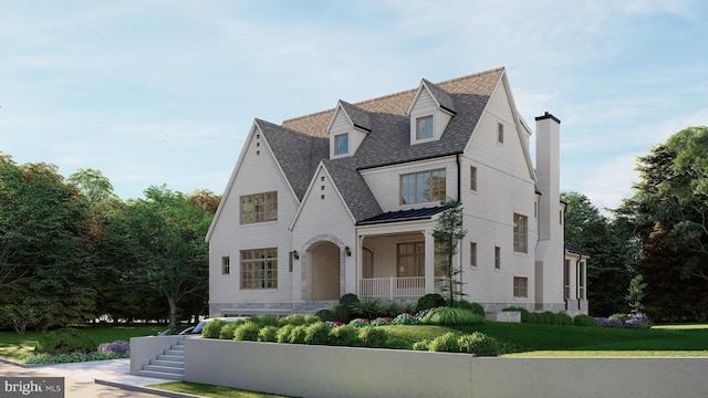4740 34th Rd N, Arlington, VA 22207 - view of front facade featuring a chimney, a front lawn, a shingled roof, and a porch