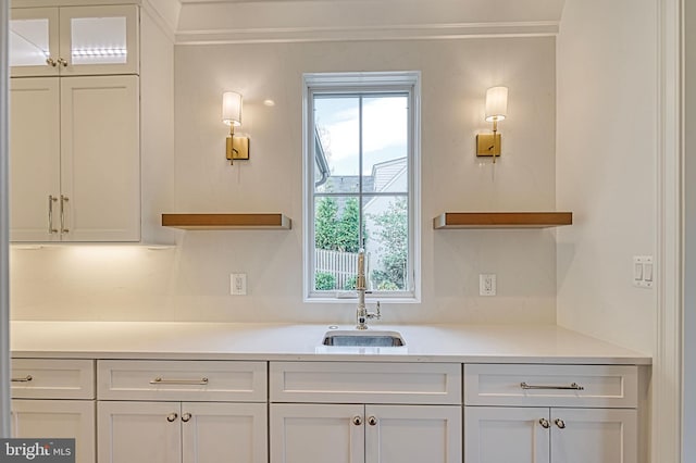 4740 34th Rd N, Arlington, VA 22207 - kitchen featuring open shelves, crown molding, and white cabinetry