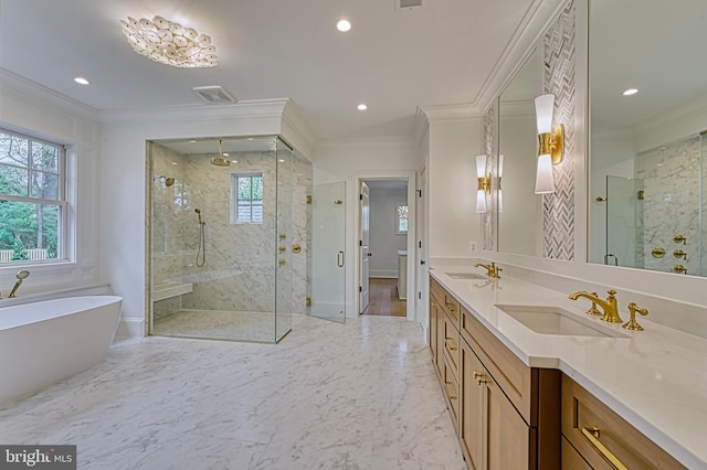 4740 34th Rd N, Arlington, VA 22207 - full bathroom with healthy amount of natural light, a marble finish shower, ornamental molding, marble tiled floors, and recessed lighting