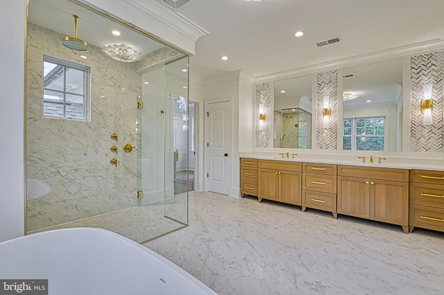 4740 34th Rd N, Arlington, VA 22207 - bathroom featuring a marble finish shower, ornamental molding, double vanity, a freestanding tub, and recessed lighting
