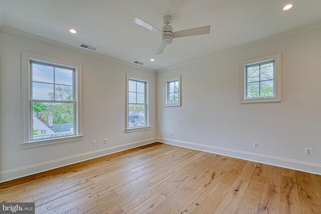 4740 34th Rd N, Arlington, VA 22207 - empty room with ornamental molding, healthy amount of natural light, baseboards, light wood finished floors, and a ceiling fan