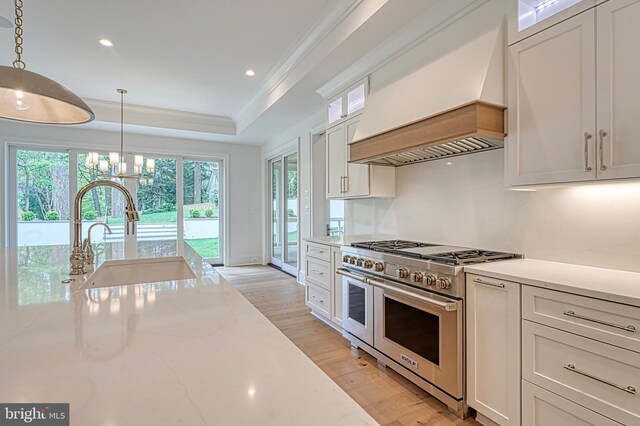 4740 34th Rd N, Arlington, VA 22207 - kitchen with double oven range, a sink, premium range hood, ornamental molding, and healthy amount of natural light