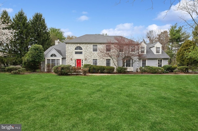 6 Keystone Way, Princeton Junction, NJ 08550 - view of front of home featuring a front yard, stone siding, and a chimney
