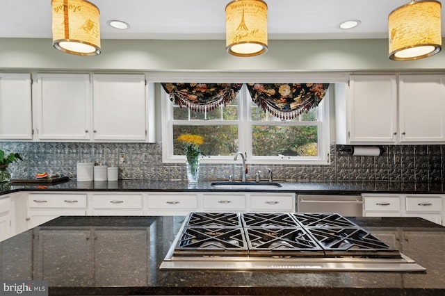 6 Keystone Way, Princeton Junction, NJ 08550 - kitchen with a sink, gas cooktop, stainless steel dishwasher, white cabinetry, and decorative backsplash