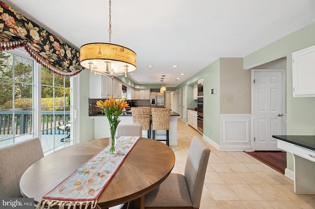 6 Keystone Way, Princeton Junction, NJ 08550 - dining area with light tile patterned flooring, recessed lighting, a chandelier, and wainscoting