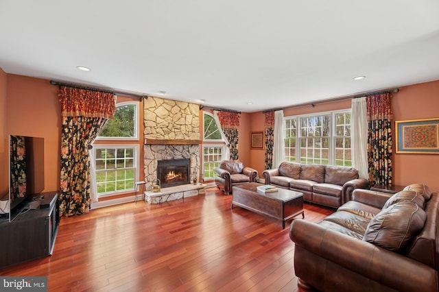 6 Keystone Way, Princeton Junction, NJ 08550 - living room featuring plenty of natural light, hardwood / wood-style floors, a fireplace, and recessed lighting