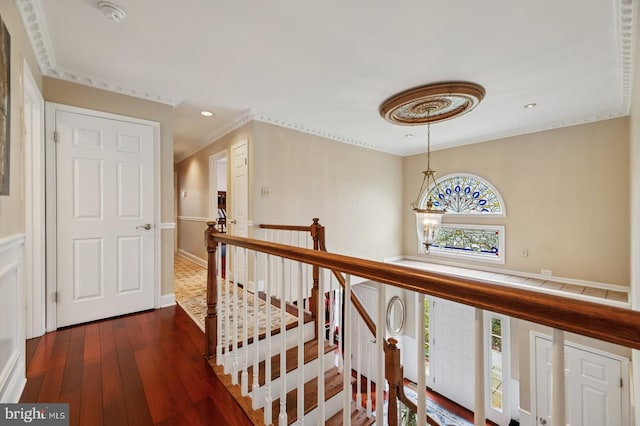 6 Keystone Way, Princeton Junction, NJ 08550 - corridor with an upstairs landing, dark wood-type flooring, recessed lighting, ornamental molding, and baseboards