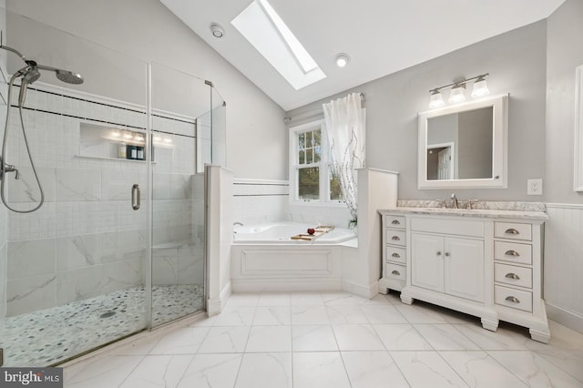 6 Keystone Way, Princeton Junction, NJ 08550 - full bath featuring a skylight, lofted ceiling, a bath, marble finish flooring, and a stall shower