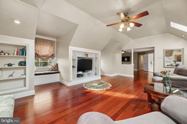 6 Keystone Way, Princeton Junction, NJ 08550 - living area with built in shelves, a ceiling fan, wood finished floors, lofted ceiling, and baseboards