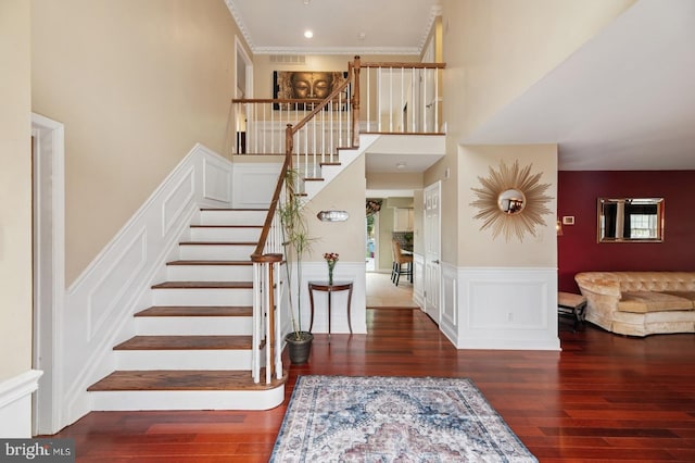 6 Keystone Way, Princeton Junction, NJ 08550 - staircase with wood finished floors, a wainscoted wall, and a decorative wall