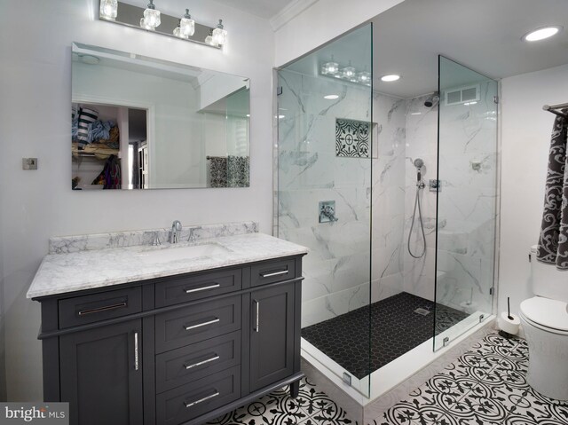 3900 Ford Rd Unit 21E & 20E, Philadelphia, PA 19131 - bathroom featuring toilet, vanity, a marble finish shower, tile patterned floors, and recessed lighting