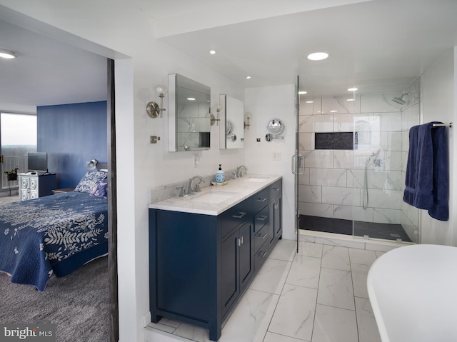 3900 Ford Rd Unit 21E & 20E, Philadelphia, PA 19131 - full bathroom featuring marble finish floors, ensuite bathroom, double vanity, a shower stall, and recessed lighting