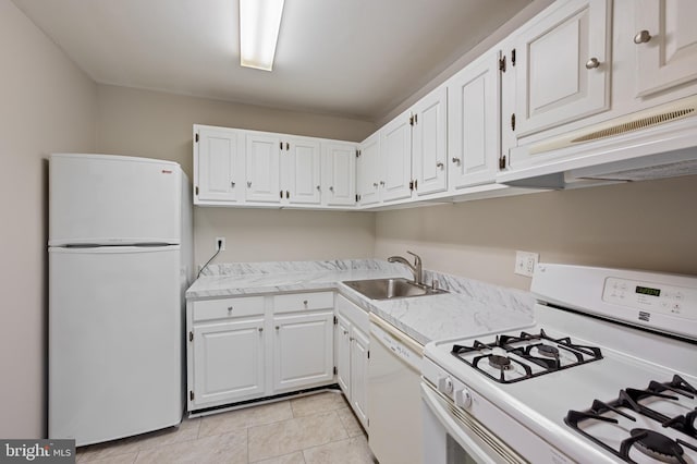 10528 Cross Fox Ln Unit D-2, Columbia, MD 21044 - kitchen with white appliances, a sink, extractor fan, white cabinets, and light countertops