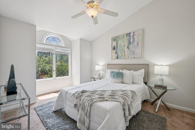 5071 Columbia Rd, Columbia, MD 21044 - bedroom featuring carpet, vaulted ceiling, baseboards, and ceiling fan