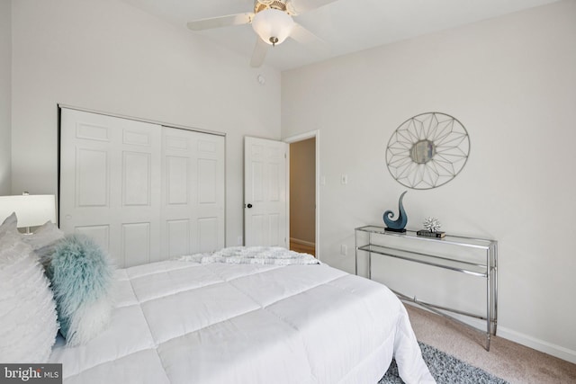 5071 Columbia Rd, Columbia, MD 21044 - bedroom with carpet flooring, a closet, baseboards, ceiling fan, and high vaulted ceiling