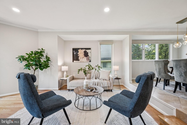 5071 Columbia Rd, Columbia, MD 21044 - living room featuring ornamental molding, wood finished floors, baseboards, recessed lighting, and a chandelier