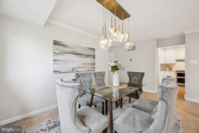 5071 Columbia Rd, Columbia, MD 21044 - dining space with ornamental molding, light tile patterned floors, baseboards, and a chandelier