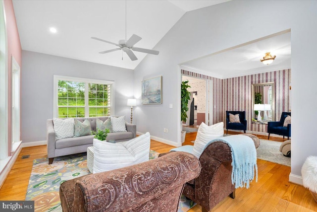 10840 Wolfsville Rd, Myersville, MD 21773 - living room featuring lofted ceiling, ceiling fan, baseboards, wood finished floors, and wallpapered walls