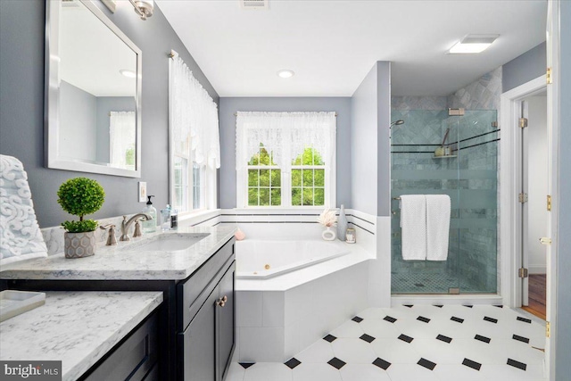 10840 Wolfsville Rd, Myersville, MD 21773 - full bathroom featuring a stall shower, a tub with jets, tile patterned floors, and vanity