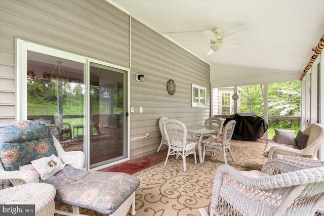 10840 Wolfsville Rd, Myersville, MD 21773 - sunroom / solarium featuring ceiling fan, lofted ceiling, and outdoor dining area